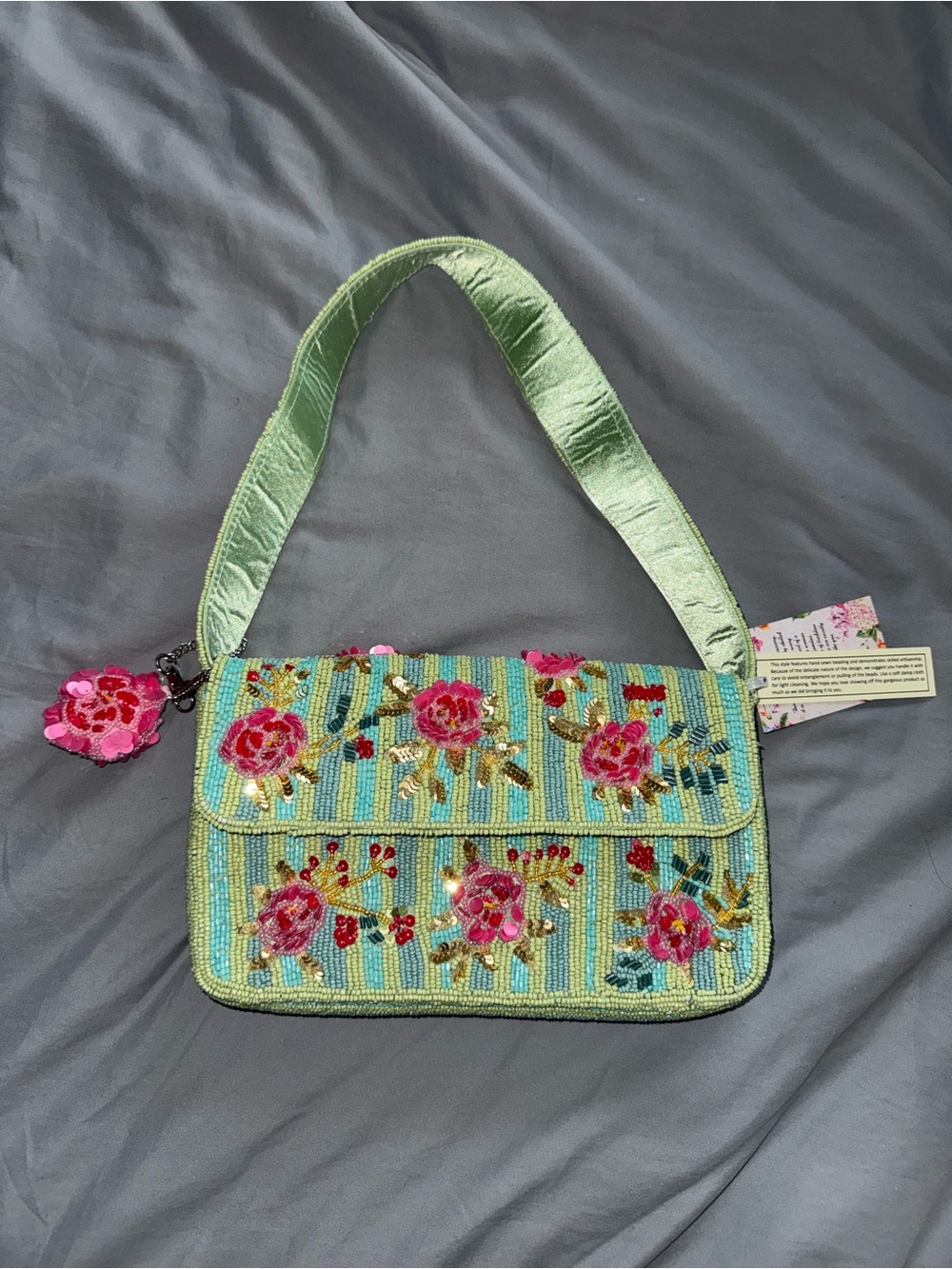 Pink Flower Beaded Shoulder Bag Handmade in India New with Tags